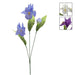 Three artificial blue-purple iris flowers with green leaves on a white background, with two small inset images in the top right showing alternate white and purple color options.