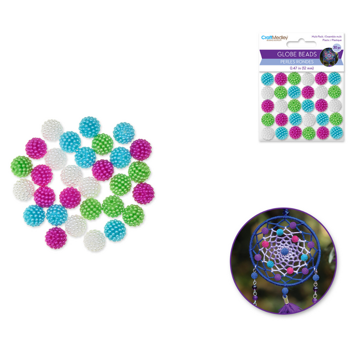 Assortment of dome-shaped 12mm acrylic globe beads in white, pink, green, and blue with a bumpy micro-bead texture. Includes retail packaging and a sample dreamcatcher featuring the beads.