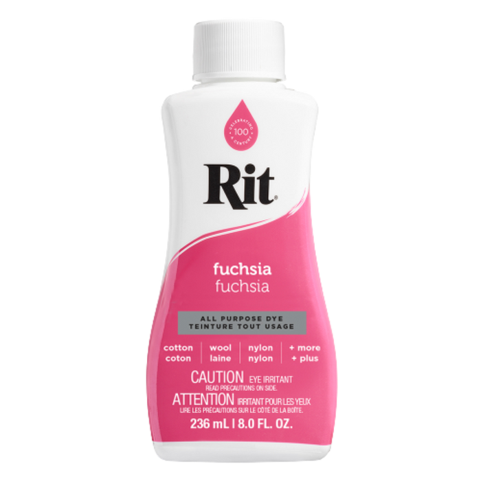 Rit fuchsia all-purpose dye bottle on a white background