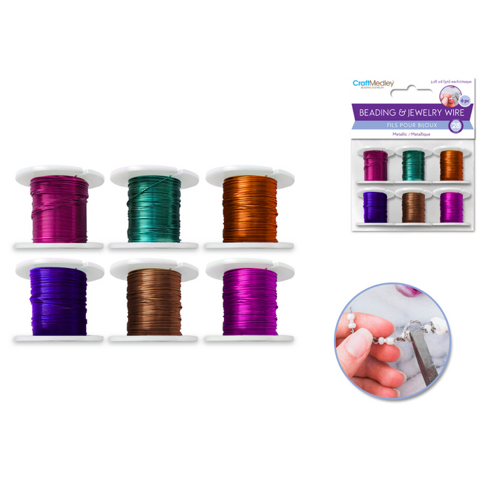 Six spools of 28-gauge metallic beading wire in bright jewel tones—fuchsia, teal, copper, violet, bronze, and magenta. Includes packaging and an inset showing a wire-wrapping jewelry project.