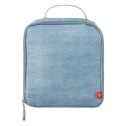 Blue textured toiletry bag with a red tag on a white background