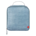 Blue textured toiletry bag with a red tag on a white background