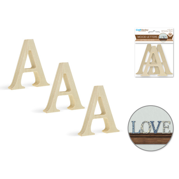 Set of wooden letters 'A' with packaging and a decorative use example on a white background.