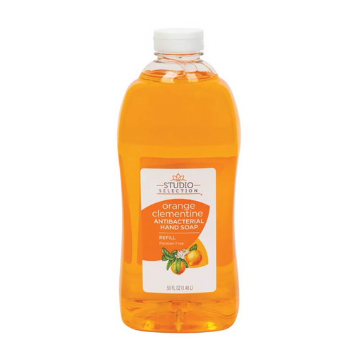 Bottle of Studio Selection Orange Clementine Antibacterial Soap on a white background