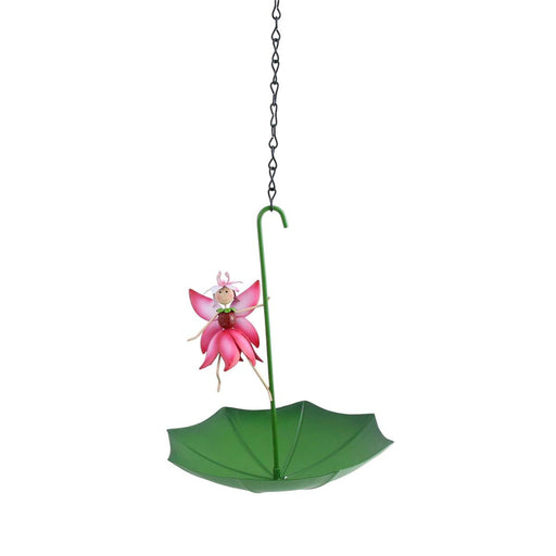 Green bird feeder with pink fairy attached to a chain on a white background