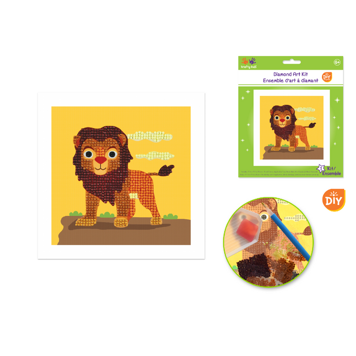 Lion diamond art kit with bright yellow background and detailed mane; includes toolset and vibrant diamond pieces.