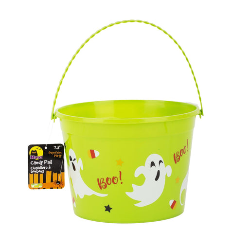 A bright lime green plastic Halloween candy pull bucket with a matching green rope handle, decorated with white cartoon ghosts, 'Boo!' text, and small candy illustrations. A product tag for 'Fun World' is attached on the left side, set against a plain white background.