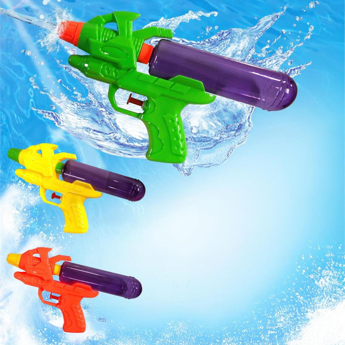 Three colorful water guns with purple nozzles on a blue water background