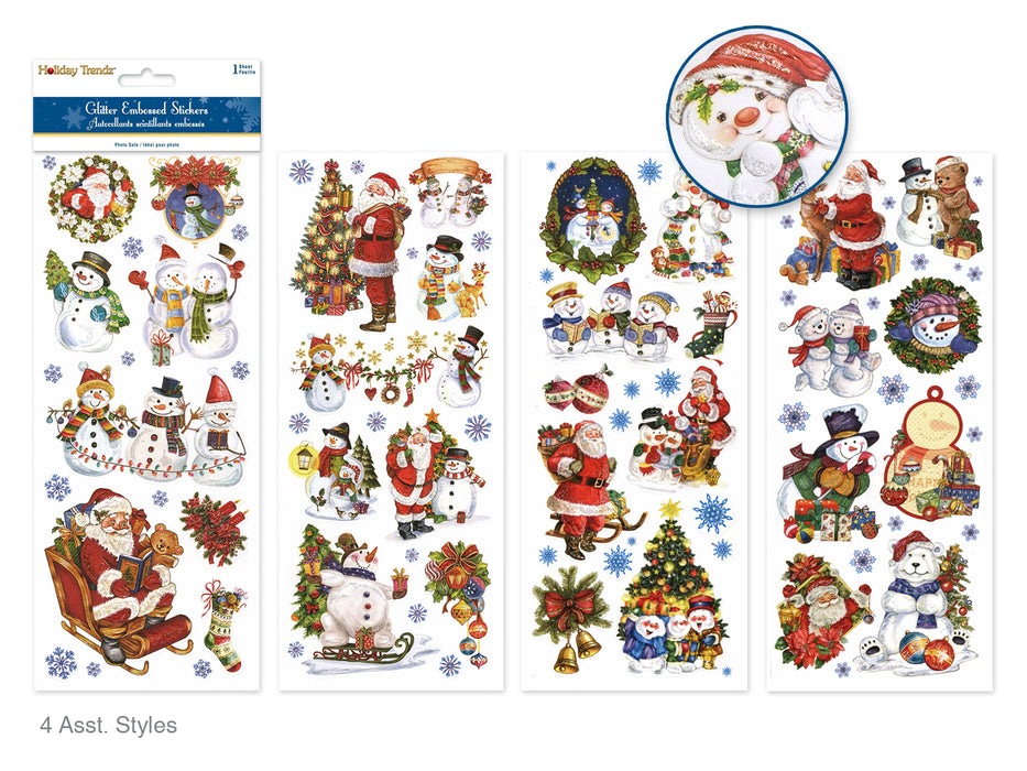 HOLIDAY STICKERS: 4.75"X11.75" GLITTER EMBOSSED ELEGANCE ASST 12EAX4STYLES H) WINTER WONDERLAND