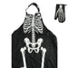 Black apron with a white skeleton rib cage and pelvis print, shown with a matching black oven mitt featuring a skeleton hand graphic on a white background.