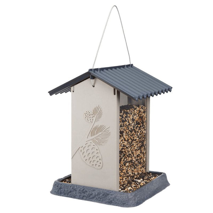 Bird feeder with pine cone design on a white background