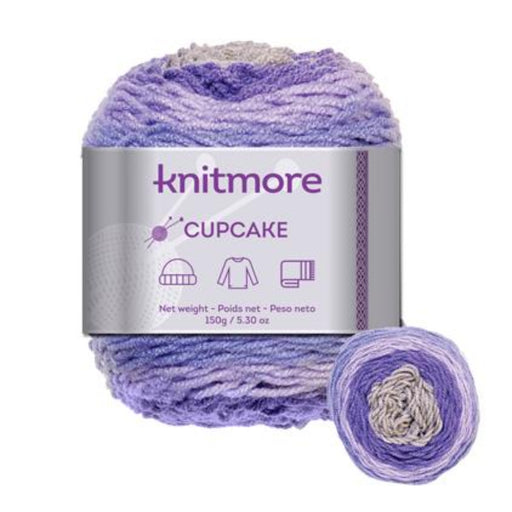 Knitmore Cupcake yarn ball with purple and gray pattern on a white background