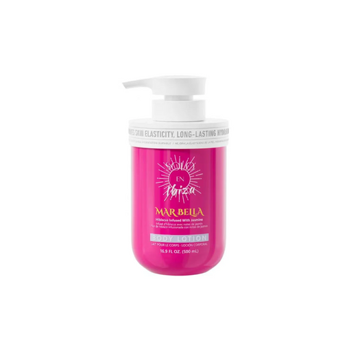 Pink bottle with white pump labeled 'Mar Bella' on a white background