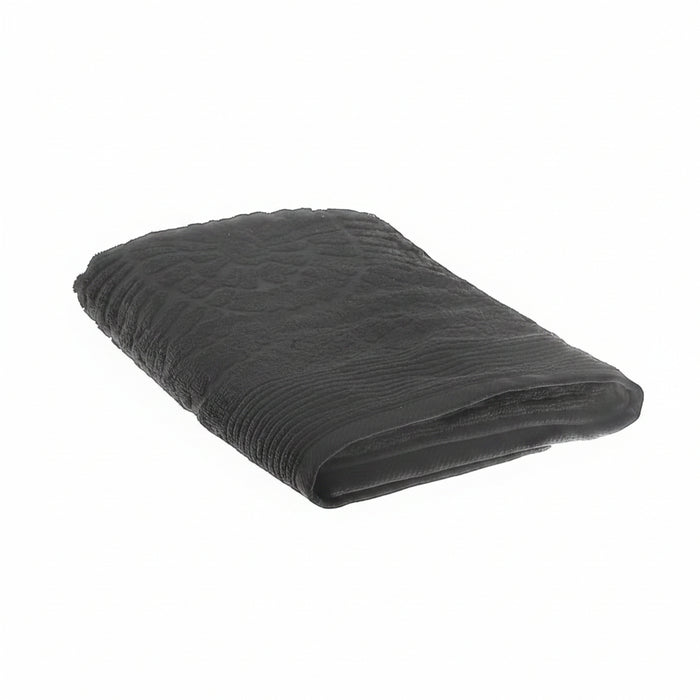 A folded black textured blanket or throw with a ribbed pattern, shown on a plain white background.