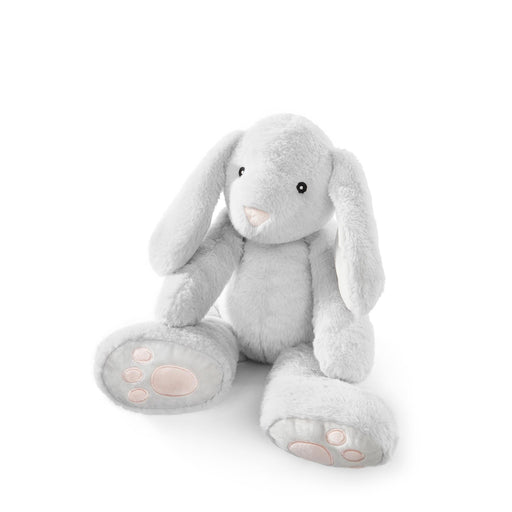 Gray plush bunny toy on a white background