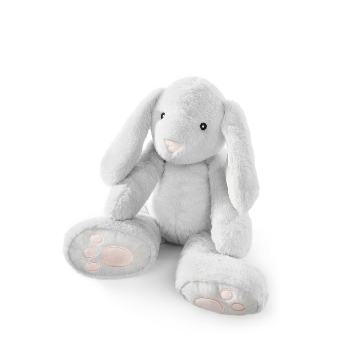Gray plush bunny toy on a white background