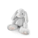 Gray plush bunny toy on a white background