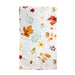 A rectangular white fabric item, likely a napkin or small towel, featuring a scattered autumn leaf and berry pattern in orange, red, yellow, and green, displayed flat against a white background.