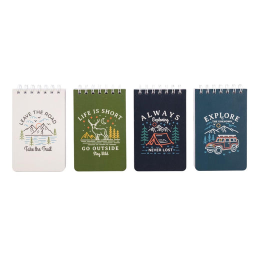 Four spiral-bound notebooks with motivational quotes and illustrations on a white background