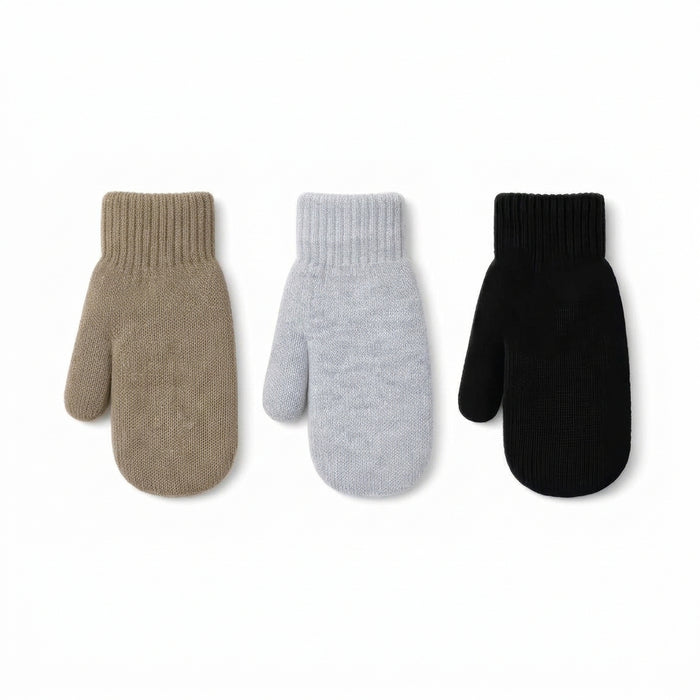 Three pairs of knit mittens in beige, light gray, and black, arranged side by side on a plain white background.