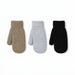 Three pairs of knit mittens in beige, light gray, and black, arranged side by side on a plain white background.