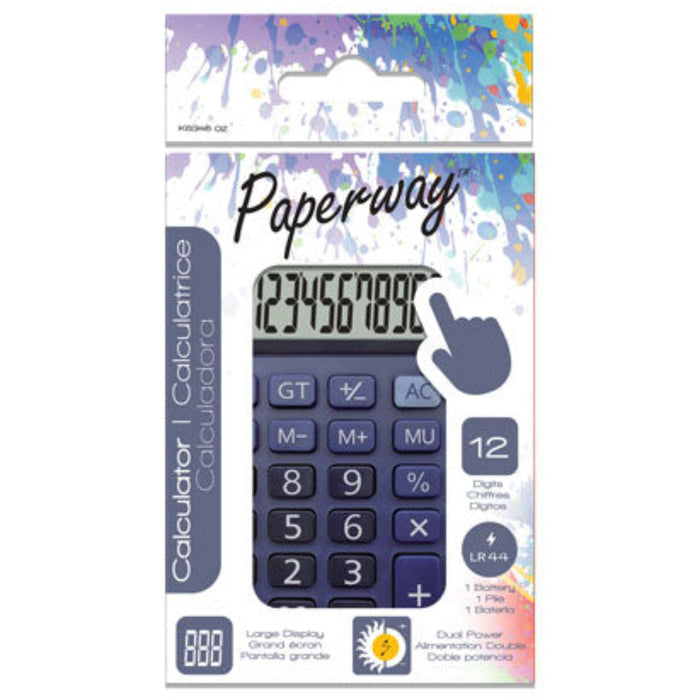 Calculator with colorful splash design on Paperway packaging