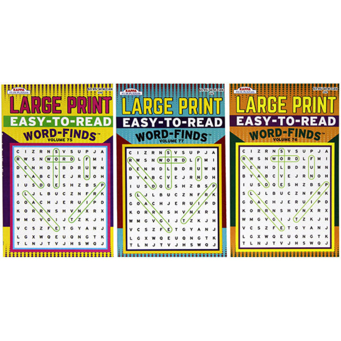 Three packages of 'Large Print Easy-to-Read Word-Finds' books on a white background