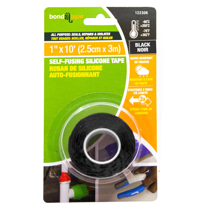 Packaging of bond tape with black self-fusing silicone tape on a white background