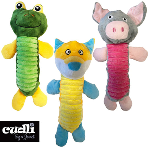 Three colorful plush toys shaped like a green snake, yellow fish, and gray donkey on a white background with Cuddli logo.