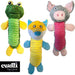 Three colorful plush toys shaped like a green snake, yellow fish, and gray donkey on a white background with Cuddli logo.