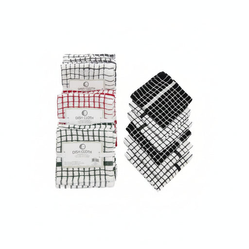 Three packaged dish towels on the left and five unpackaged black-and-white checkered dish towels on the right, all on a plain white background.