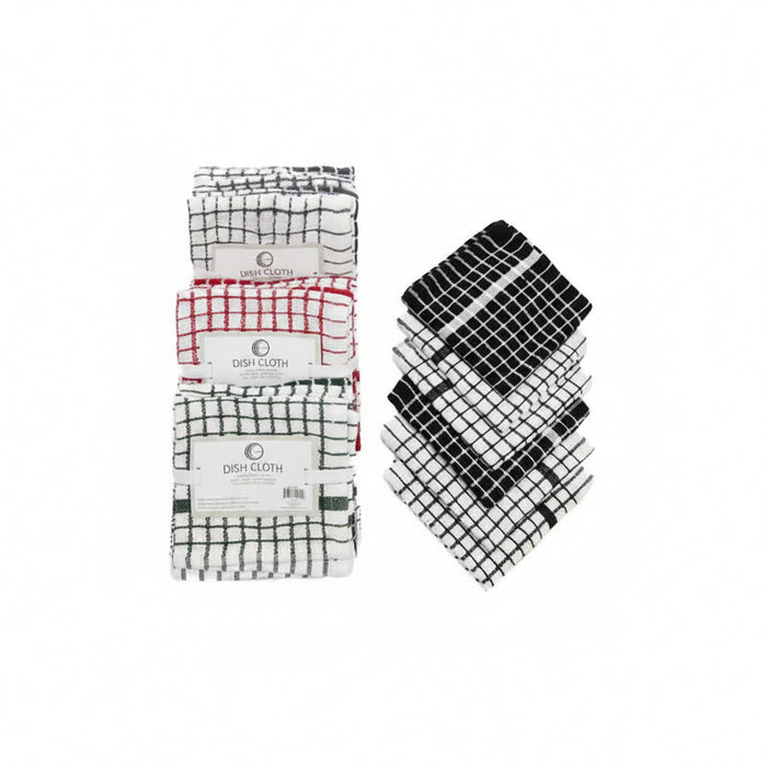 Three packaged dish towels on the left and five unpackaged black-and-white checkered dish towels on the right, all on a plain white background.