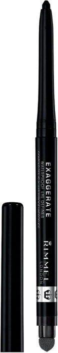 Rimmel Exaggerate Eyeshadow Pen in black, shown with its cap off and a close-up of the tip, on a white background.