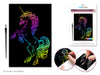 Colorful unicorn design on black paper with a pen, packaging, and close-up of hands using the product.