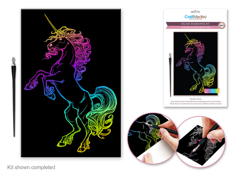 Colorful unicorn design on black paper with a pen, packaging, and close-up of hands using the product.