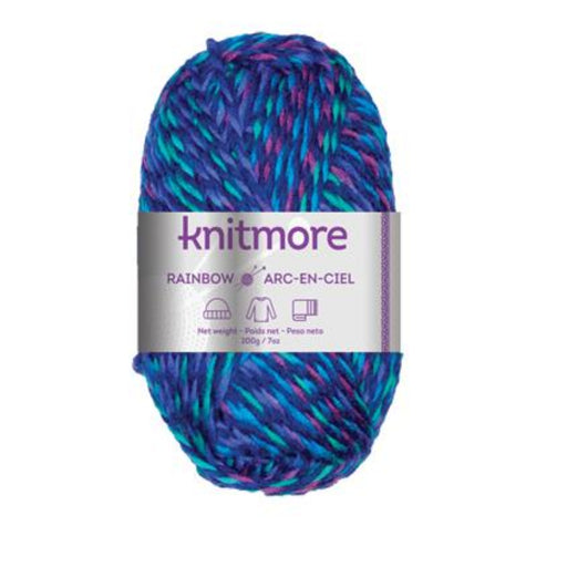 Multicolored yarn ball with 'Knitmore' label on a white background