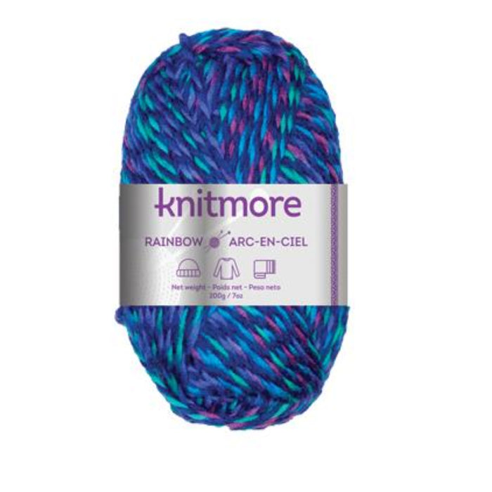 Multicolored yarn ball with 'Knitmore' label on a white background