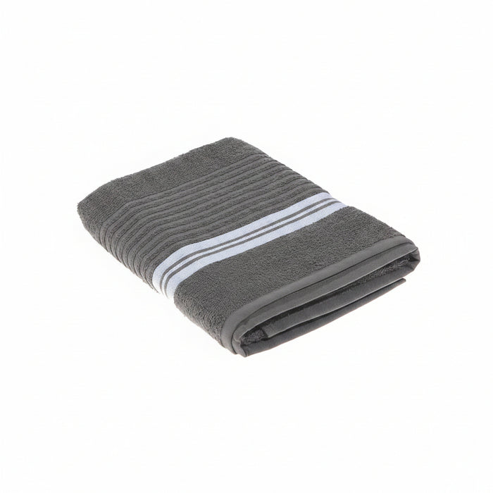 A folded gray bath towel with a textured ribbed pattern and two horizontal white stripes, shown on a plain white background.