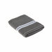 A folded gray bath towel with a textured ribbed pattern and two horizontal white stripes, shown on a plain white background.