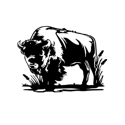 Black metal wall art of a buffalo standing in grass, 16.14 × 0.78 × 12.99 inches.