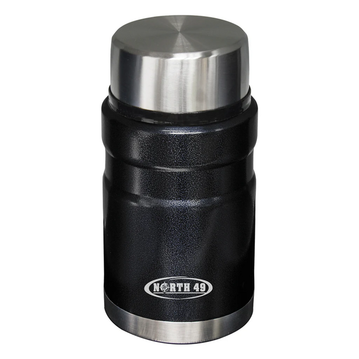 Black insulated bottle with silver lid on a white background