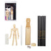 Set of drawing tools including a mannequin, pencils, and other accessories on a white background