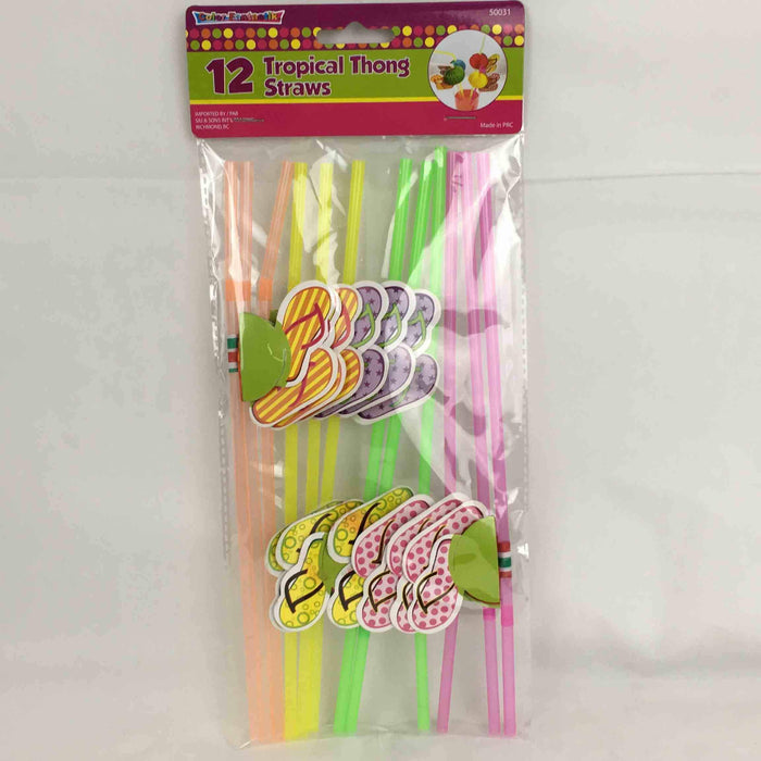 Pack of 12 tropical thong straws with colorful packaging on a white background