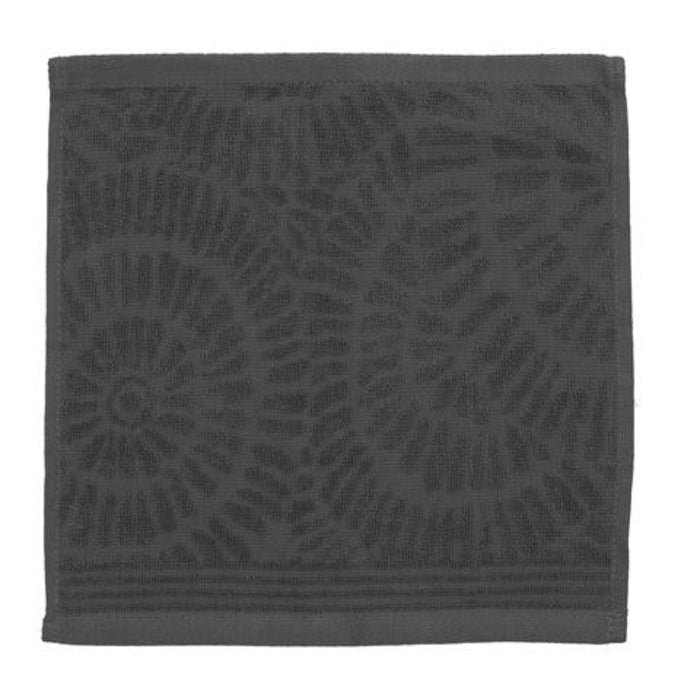 A dark gray rectangular towel with a textured, embossed spiral pattern and a solid border, shown flat against a white background.