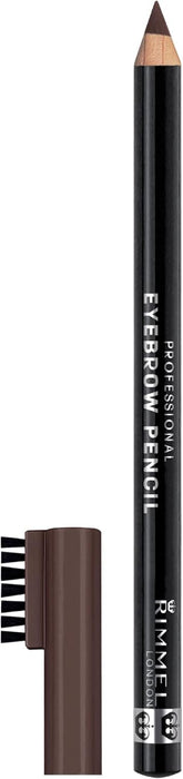 A Rimmel Professional eyebrow pencil in dark brown, shown alongside its cap, on a plain white background.