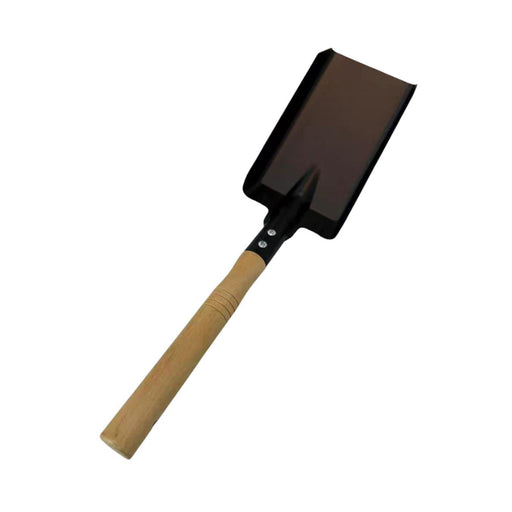 Small shovel with a black head and wooden handle on a white background