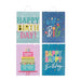 Four colorful birthday gift bags arranged in a 2x2 grid on a white background. The bags feature playful text and illustrations including 'HAPPY BIRTH DAY!', 'Wish Big', a birthday cake, and 'HAPPY HAPPY Birthday' in bright pastel and neon colors.