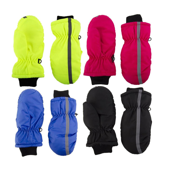 Six pairs of insulated winter gloves arranged in a 2x3 grid on a white background, showing four color options: neon yellow-green, lime green, bright pink, and royal blue, with black and gray reflective accents.