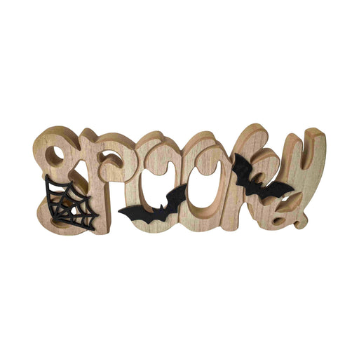 A wooden decorative sign spelling out 'spooky' in a stylized font, featuring black bat and spiderweb cutout details, shown on a plain white background.