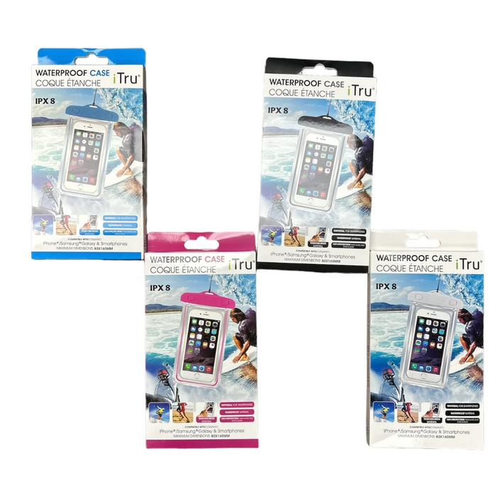 Packaging of Tru waterproof cases with images of a phone and people in action.